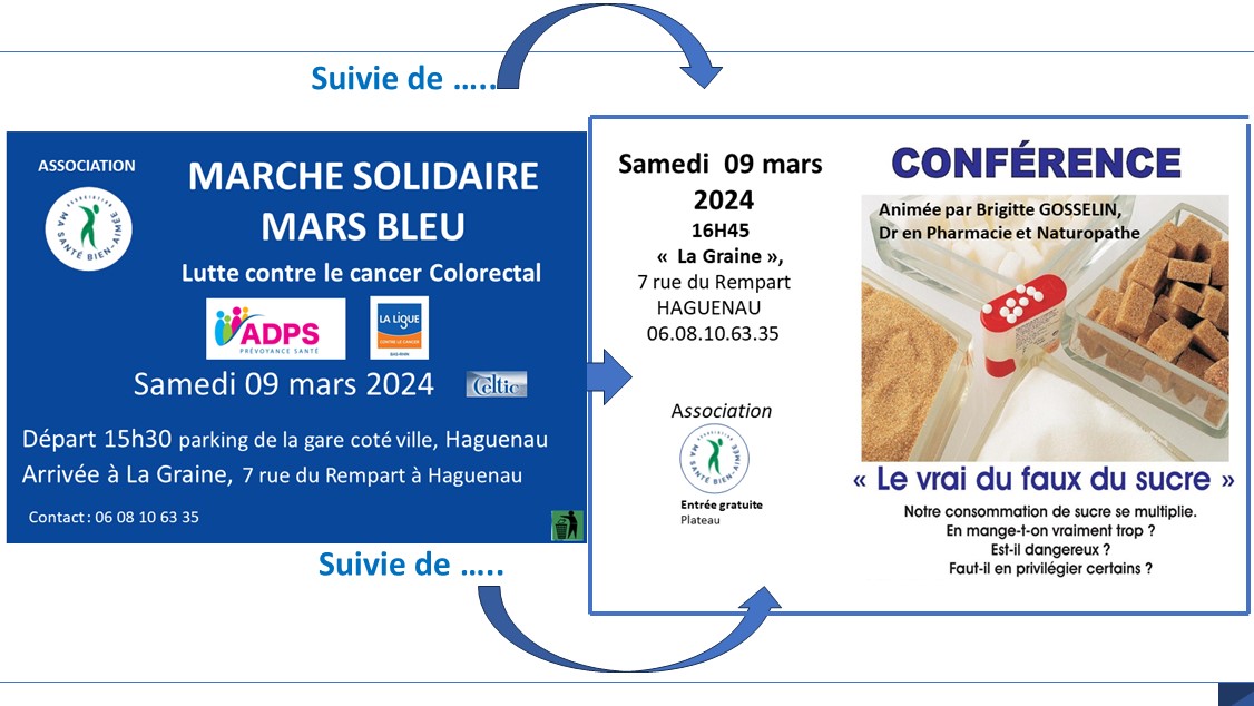 Marche Solidaire Mars Bleu 2024 - Ligue contre le cancer- Suivie d'une conférence à la Graine "Le vrai du faux du sucre"